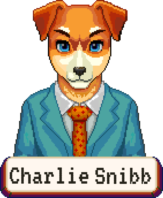 Portrait of Charlie Snibb, a stern dog in a teal suit.