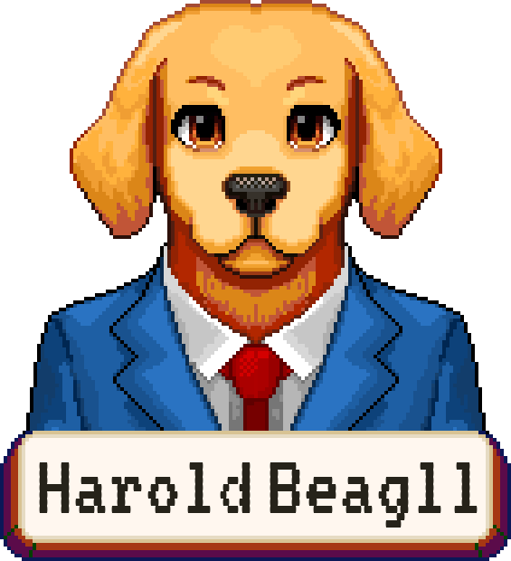 Portrait of Harold Beagll, a golden retriever in a blue suit and red tie.