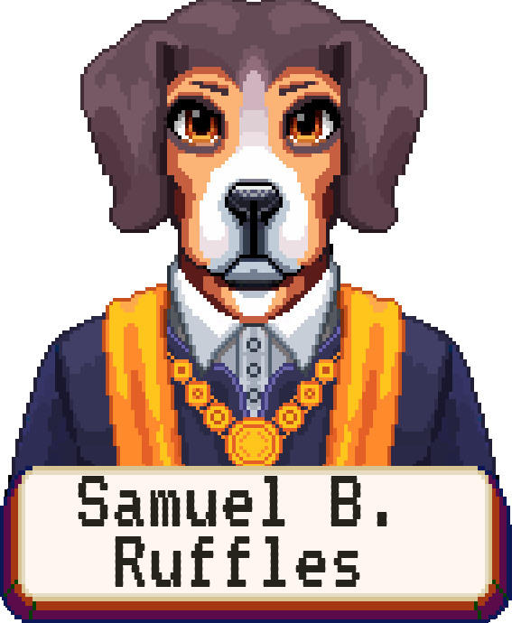 Portrait of Samuel B. Ruffles, a hound wearing a gold chain of office.