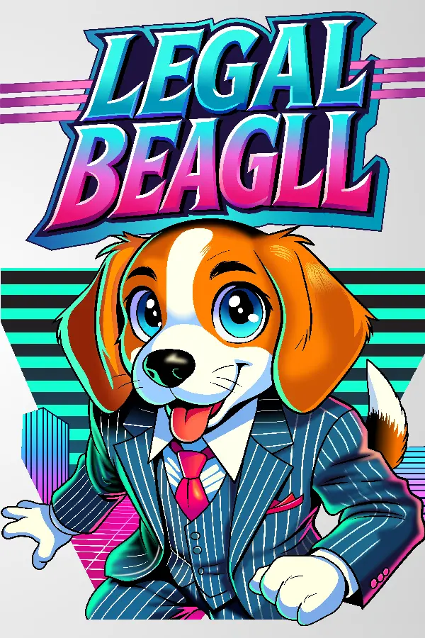 Legal Beagll cover: the neon title above Benny, a beagle in a pinstripe suit, on a teal striped background.
