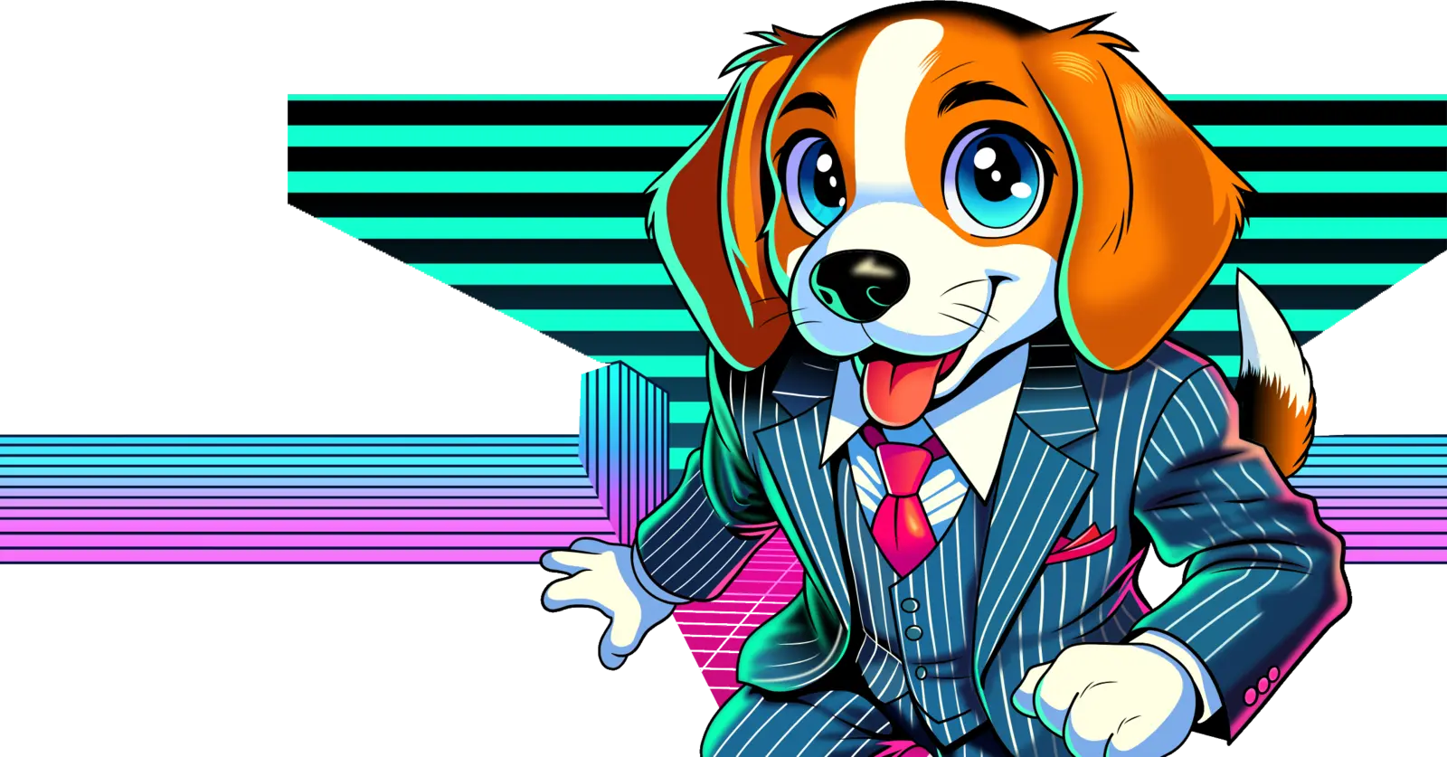 Benny, a beagle in a pinstripe suit, striking a pose in front of neon stripes.